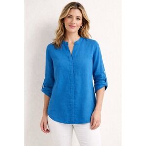 Tommy Bahama Womens Linen Blouse Blue Size M Roll Tab Sleeves Band Collar Beach